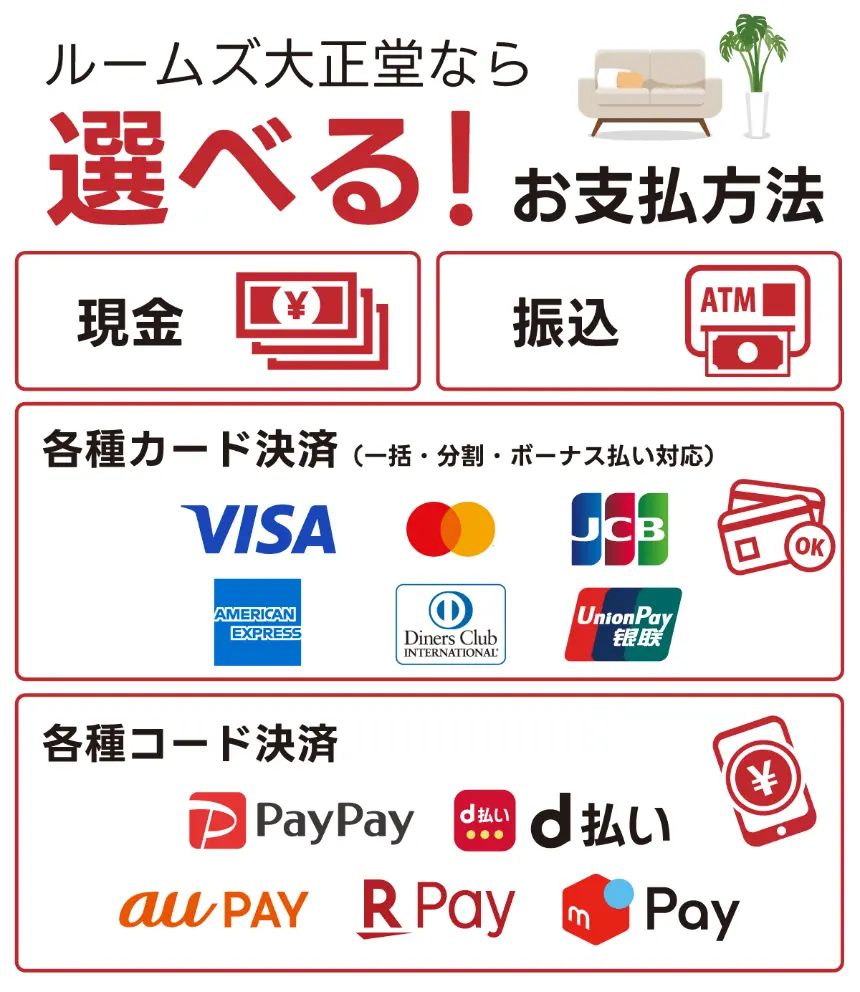 ルームズ大正堂で選べるお支払方法。現金、銀行振込、各種クレジットカード（VISA、Mastercard、JCB、AMEX、Diners、銀聯）、各種コード決済（PayPay、d払い、au PAY、楽天ペイ、メルペイ）