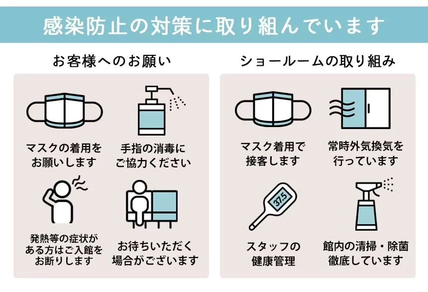 コロナ対策 マスク着用、手指の消毒、換気、清掃・除菌を徹底