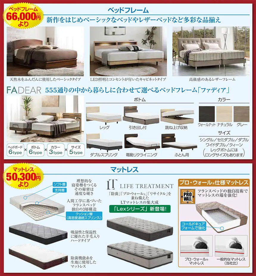 ベッドフレームとマットレスのカタログ。 ベッドフレームはFADEARシリーズを中心に、天然木調、レザー調、LED照明付き、引き出し付き、跳ね上げ式など多彩なラインナップを表示。 ボトム（引き出し、スプリング、跳ね上げなど）とカラー（ウォールナット、ナチュラル、グレーなど）の選択肢が一覧化されている。 マットレスはLIFE TREATMENTシリーズを中心に、通気性・ウレタン層・高密度スプリング・プロウォール仕様などの特徴が図解付きで説明され、BCコンディショニングマットレスやウォッシャブルモデルの画像と説明が掲載されている。