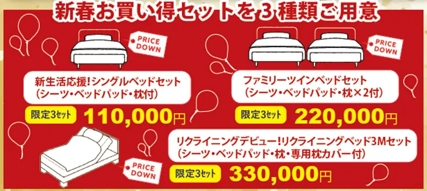新春お買い得ベッドセット3種類をご用意。シングルベッドセット（シーツ・ベッドパッド・枕付き）限定3セット11万円、ファミリーツインベッドセット限定3セット22万円、リクライニングベッド3Mセット限定3セット33万円。価格ダウンでお得に購入できます。