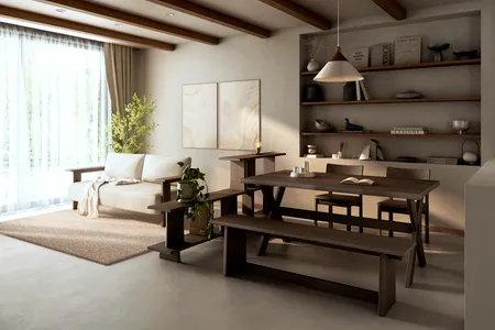 カリモク家具 ダークブラウンのダイニング（Rustica / ルスカ） シリーズ：ルスカ（RUSCA） 品番例：DR5300NT（テーブル）、CR2045NT / CR1057NT（チェア）、HR3601NT / HR3602NT（ベンチ）、WR4403IT（収納）