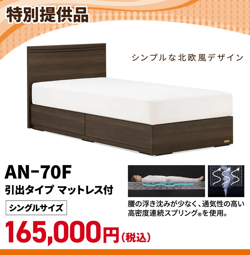 小田急百貨店 町田店 50周年 フランスベッド特別提供品 AN-70F引出タイプベッド 北欧風デザインのシングルマットレスセット